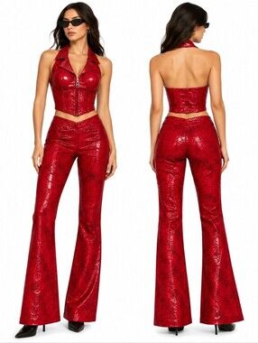 Vintage Y2K Caché Red Croc Print Halter Top Pants 2 Piece Set Wet Look (S/M)